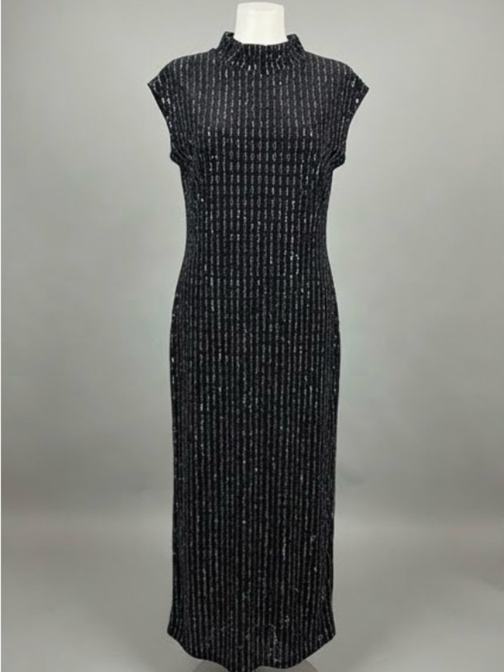 Newport News Vintage Metallic Black Silver Mock Neck Cocktail Midi Dress Size 14